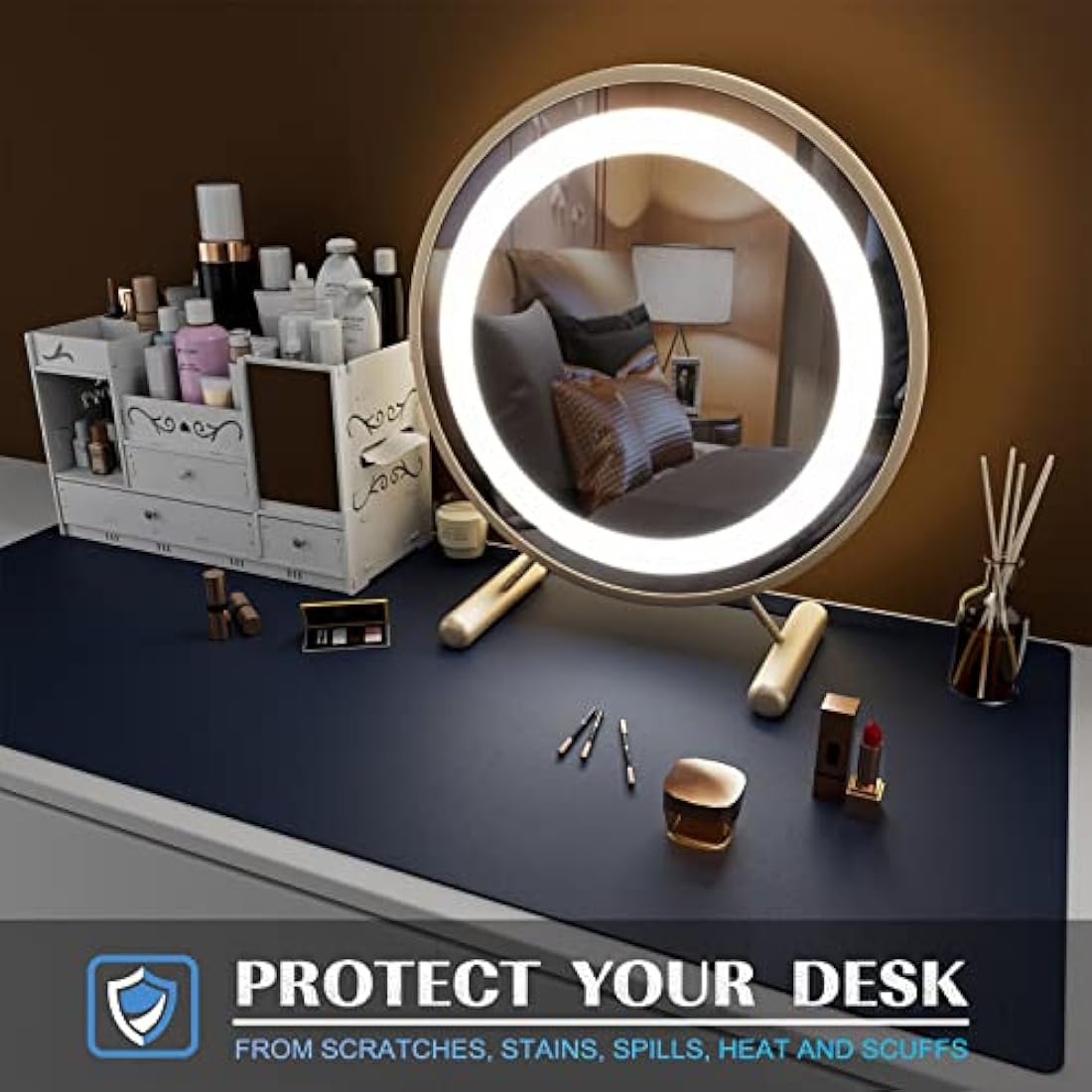 K KNODEL Small Office Leather Desk Mat, Mouse and Keyboard Pad, Computer and Laptop Mat, Desktop Protector and Cover, Writing Pad and Blotter (60x35cm, Dark Blue)