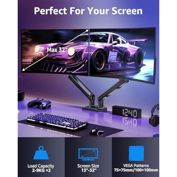 ELIVED Dual Monitor Arm Desk Mount for 13-32 inch Screen, Height Adjustable Double Gas Spring Arm, Gaming Monitor Arm Holds 2-9kg, VESA 75x75 100x100 with C-clamp& Grommet, Freelift Pro Black EV6012B