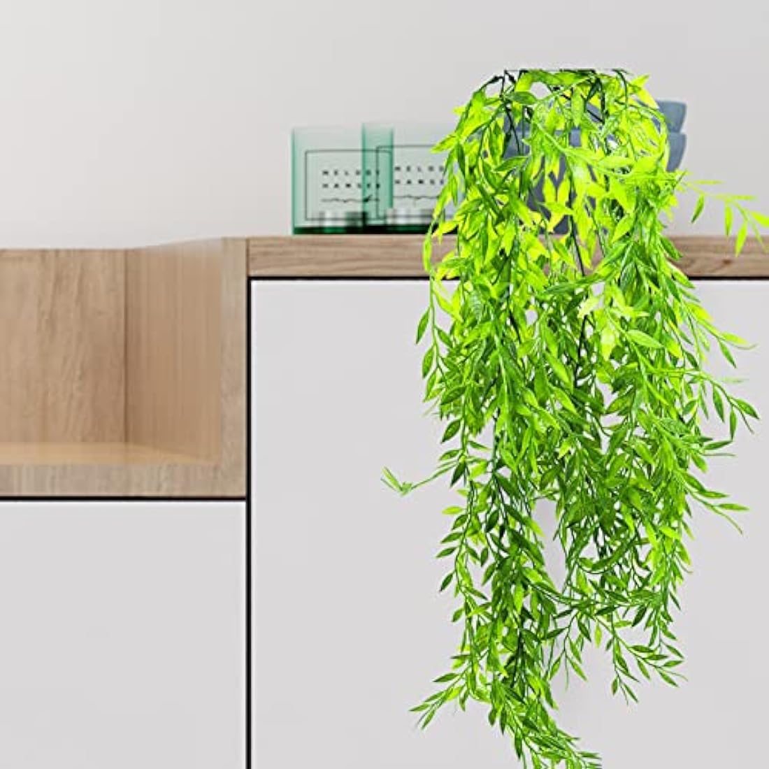 2 Pack Artificial Hanging Plants, Plastic Fake Ferns Ivy Artificial Trailing Plants, Fake Vine Hanging Basket, Faux Plant with Willow Leaves for Indoor Outdoor, Garden, Bedroom, Wall Decoration