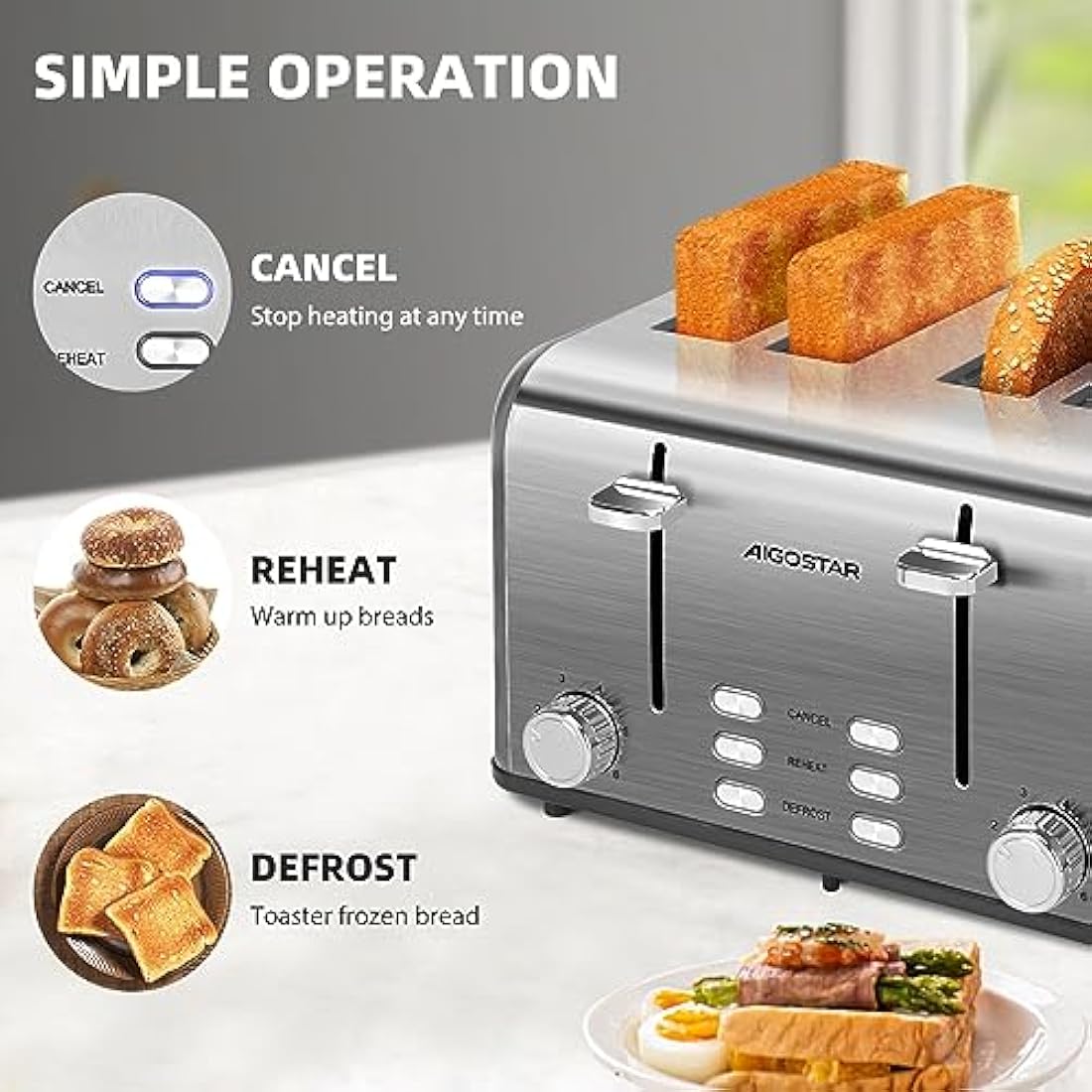 Aigostar Toaster 4 Slice Stainless Steel Toaster with Independent and Extra-Wide Slots, High Lifting, Defrost & Reheat Functions, Variable Browning Settings, Silver - Gordon 30ZGE