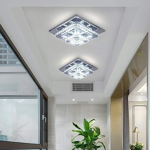 Finktonglan Crystal LED Chandelier Ceiling Light, Modern Square Ceiling Lamp Flush Mount Crystal Lights Fixture for Dining Room Hallway Bedroom Kitchen Hotel Foyer Living Room, Color Changeable