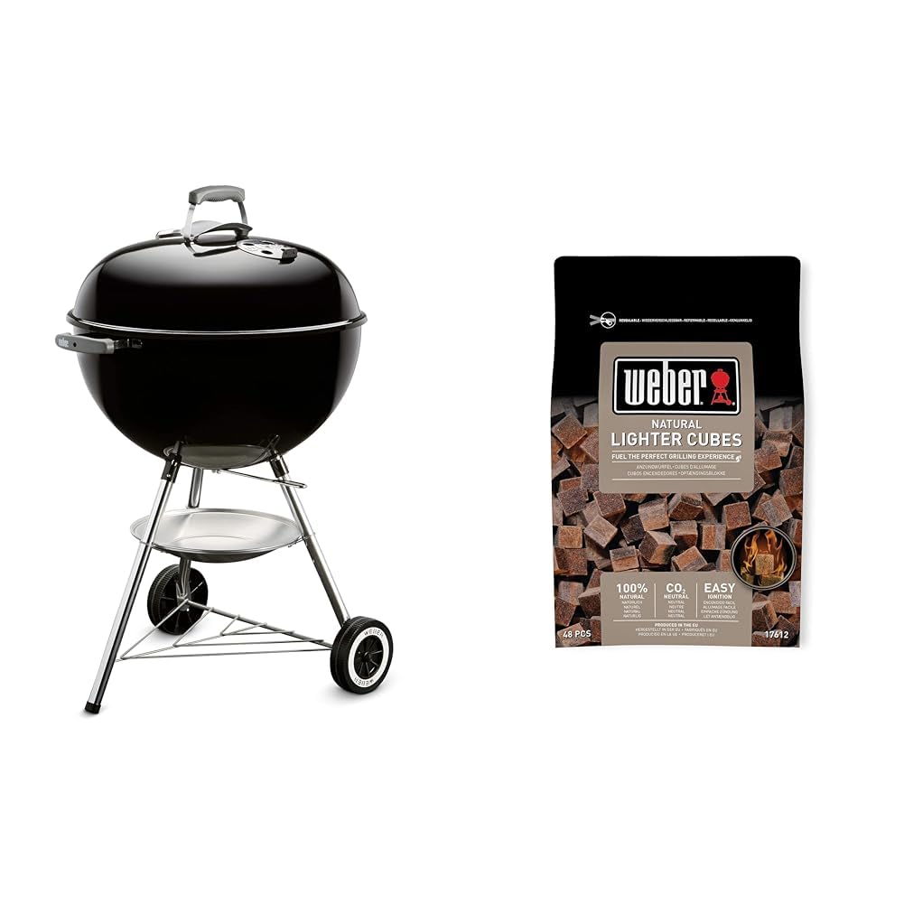 Weber Classic Kettle Charcoal Grill, Ø 57cm Grill Area, BBQ Grill with Porcelain-Enamelled Lid & Bowl, Lid Thermometer, Tripod Stand & Wheels, Chromed Grill Grate - Black (1341504)