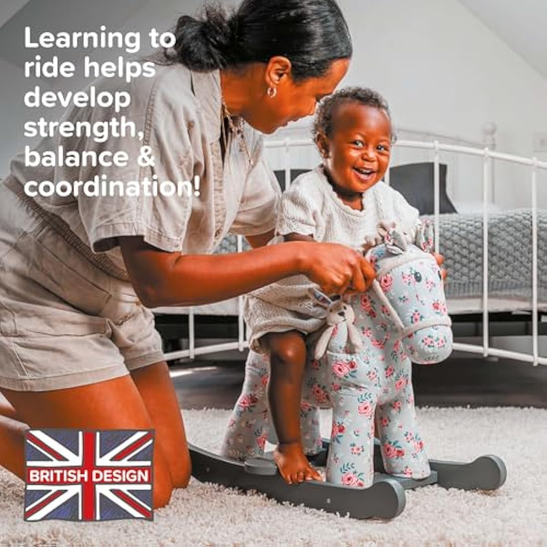 Little Bird Told Me - Lily & Rose Rocking Horse for Baby/Toddler 9+ Months Unisex - Grey & Pink Floral Printed Fabric, Solid Wooden Frame & Rockers, Removable Plush Toy - British Brand Since 2007