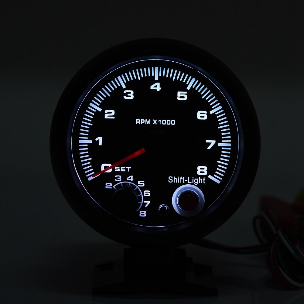 TKSE Tachometer 12V, 0-8000 RPM Car Universal Tachometer Rev Counter Tacho Gauge Meter LED Shift Light