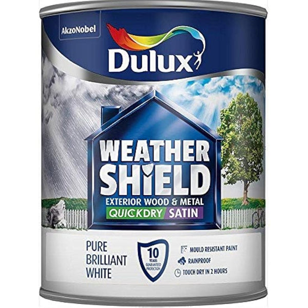Dulux Weather Shield Quick Dry Satin Paint, 750 ml - Pure Brilliant White - Packaging May Vary
