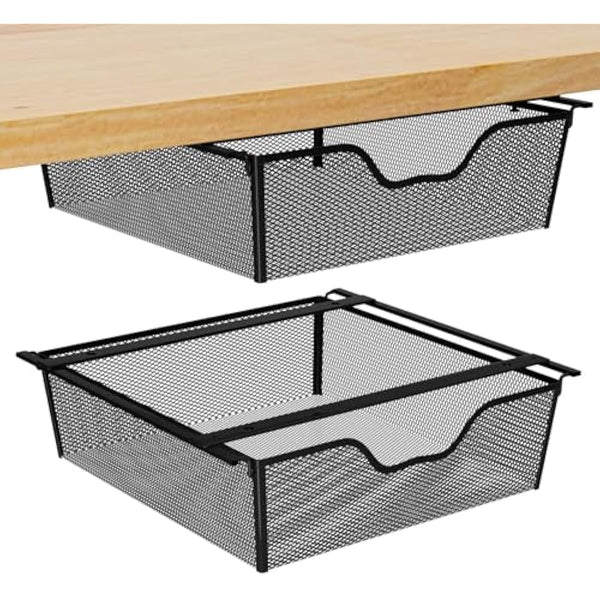 2 Pack Pull Out Basket Storage Under Shelf , Under Cabinet Hanging Drawer, Metal Wire Mesh Storage Basket Organizer for Kitchen, Office, Wardrobes, Cupboard Storage Black