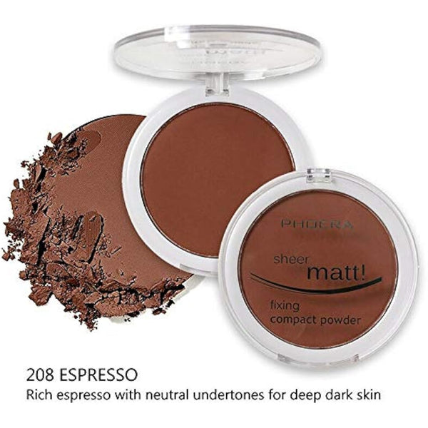 AQUAPURITY PHOERA Sheer Matte Compact Powder Fixing Powder Makeup Base Fixer Setting Powder Foundation Fixing Compact Pressed Powder Long Lasting Skin Vitamin E Beauty Blender (208ESPRESSO)
