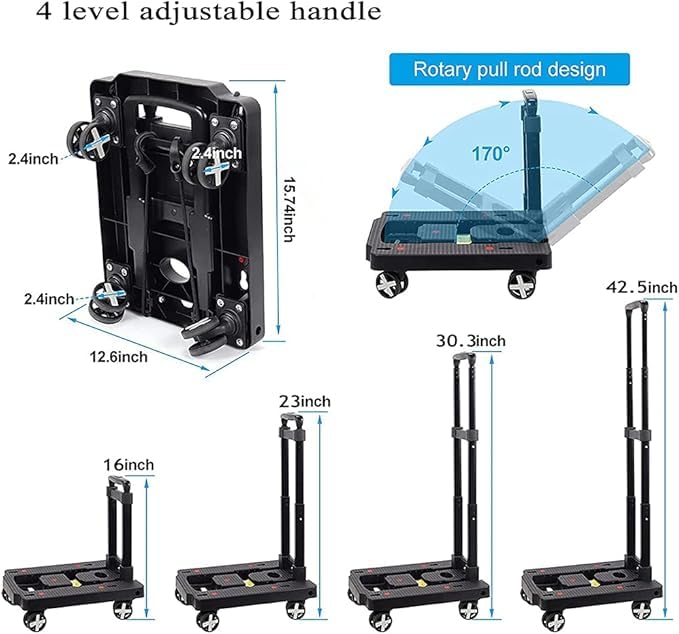 XINGHE Sack barrow, aluminium hand truck, 50 kg/110 lb load capacity, integrated tensioning straps, with retractable handle, large smooth-running wheels with soft tread (Black4)