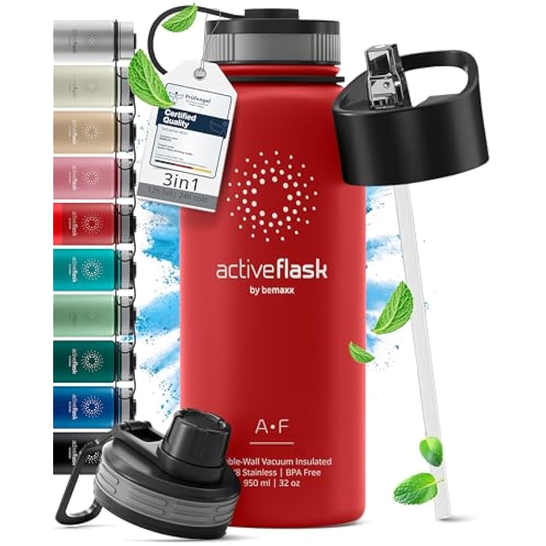 Stainless Steel Water Bottle with Straw & 3 Lids: 1 & 0,5L Leak-Proof BPA-Free Vacuum Insulated ACTIVE FLASK Drinking Bottles Hot Cold: Double Walled Outdoor Drink Thermo Mug Tea Coffee Sport Gym Bike