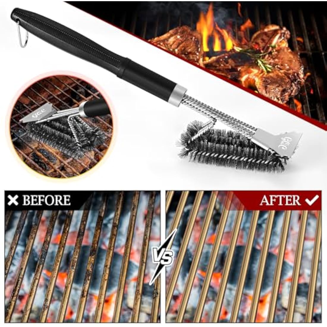 GQC BBQ Grill Cleaning Brush&Scraper – Barbecue Wire Brush for Grill– 18.3'' Stainless Grill Grate Cleaner - Safe Grill Accessories&Tools for Charcoal/Electrical/Infrared, Easier and Effective Clean