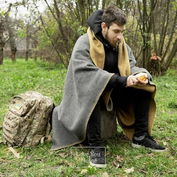 LYHome Travel Blanket - Extra Warm Picnic Throw, Bed Camping Outdoor Wool Blankets, Cozy Soft Throws, Military Army and Garden Outside Use (59x84 in | 150x215 cm | Gray - Mustard Double-sided)
