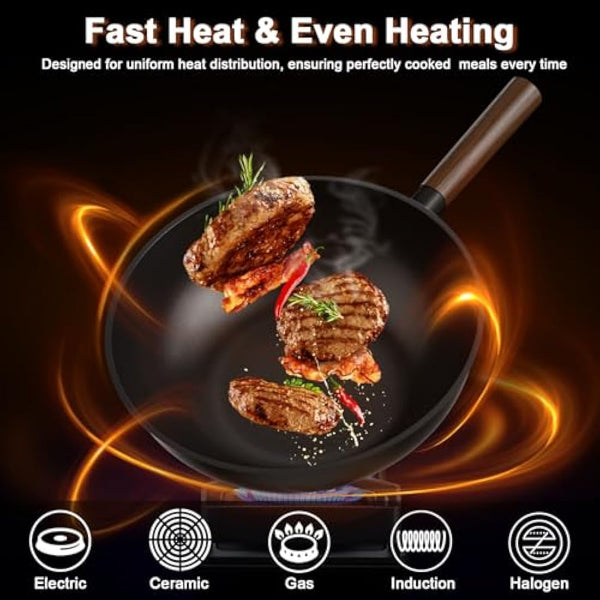 Jobin Wok Non Stick with Lid, 28cm Aluminium Wok Frying Pan, Large Capacity for Cook Asian Dishes for 3-5 People, Ideal for Induction, Gas, All Hobs