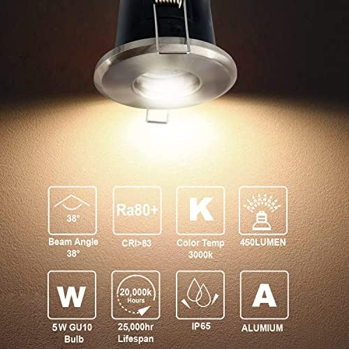4XSweier 90 Minute Fire Rated LED Spotlights,5W 3000K Warm White IP65 Waterproof Bathroom LED Recessed Ceiling Lights,230V GU10 Downlight,Cut-Out 75mm. Satin Nickel(Non-dimmable)