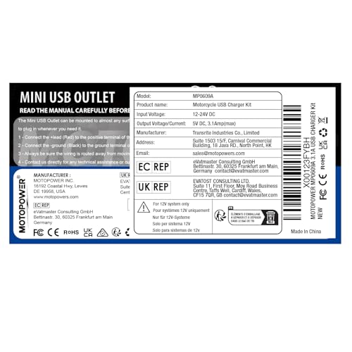 MOTOPOWER MP0609A 3.1Amp Motorcycle USB Charger Kit for Phone, GPS or Sport Camera