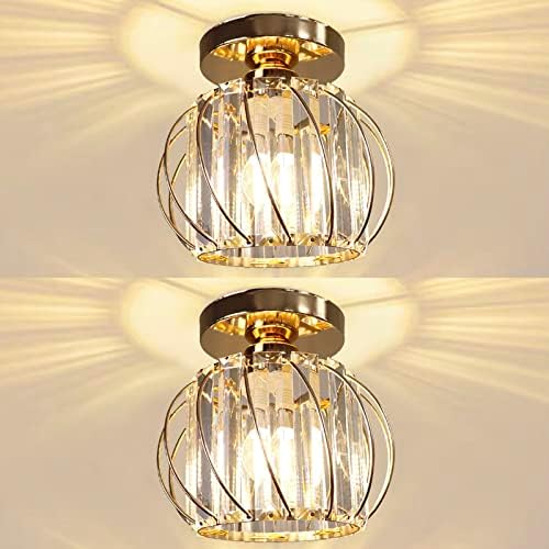 Hudi Fyier Chandelier Crystals Ceiling Lighting Fixtures, 2 Pack Semi Flush Mount Ceiling Light for Kitchen Hallway Dining Rooms Living Rooms Bar (Gold)