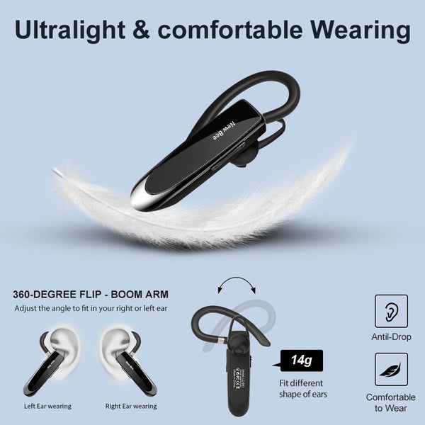 New bee Handsfree Bluetooth Earpiece, Wireless Bluetooth Headset with Microphone 60 Days Standby Headphones with Microphone for iPhone, Samsung, HTC, LG, Sony, PC (Black)
