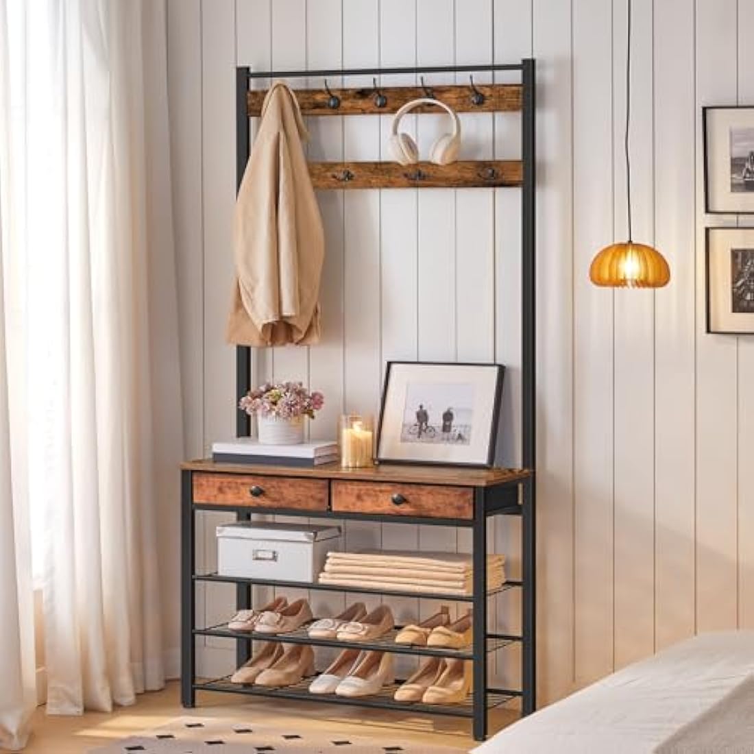 HOOBRO Coat and Shoe Rack, Coat Rack with Shoe Storage, Hall Tree with 2 Non-Woven Drawers, Coat and Shoe Storage for Hallway, Bedroom, Cloakroom, Rustic Brown and Black EBF81MT01