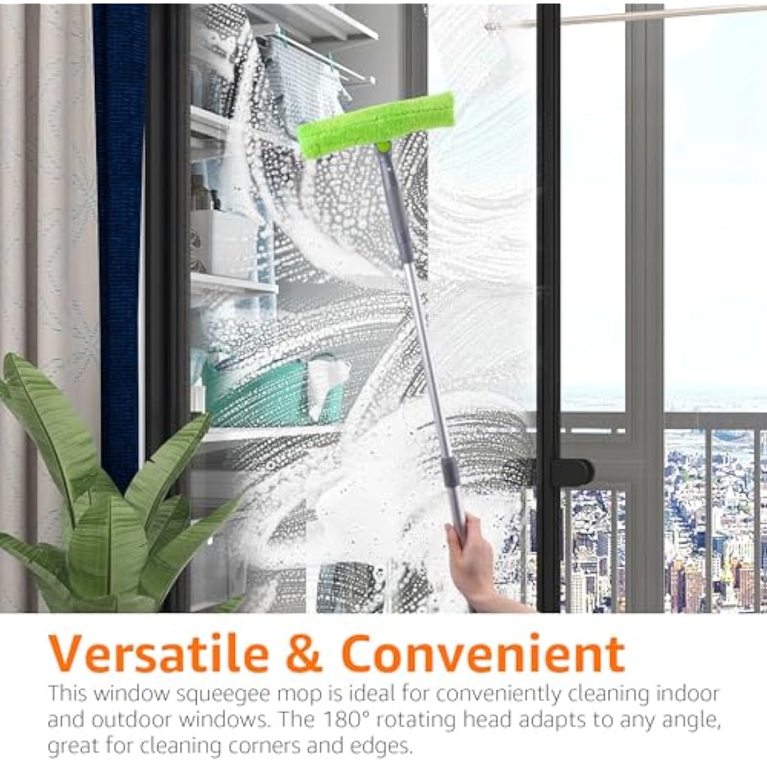 Amazon Basics Extendable Window Squeegee with 180° Rotating Head and telescopic Pole 26''-38''(66cm-96.5cm) , Perfect for Cleaning Windows, Mirrors, Tiles, Green