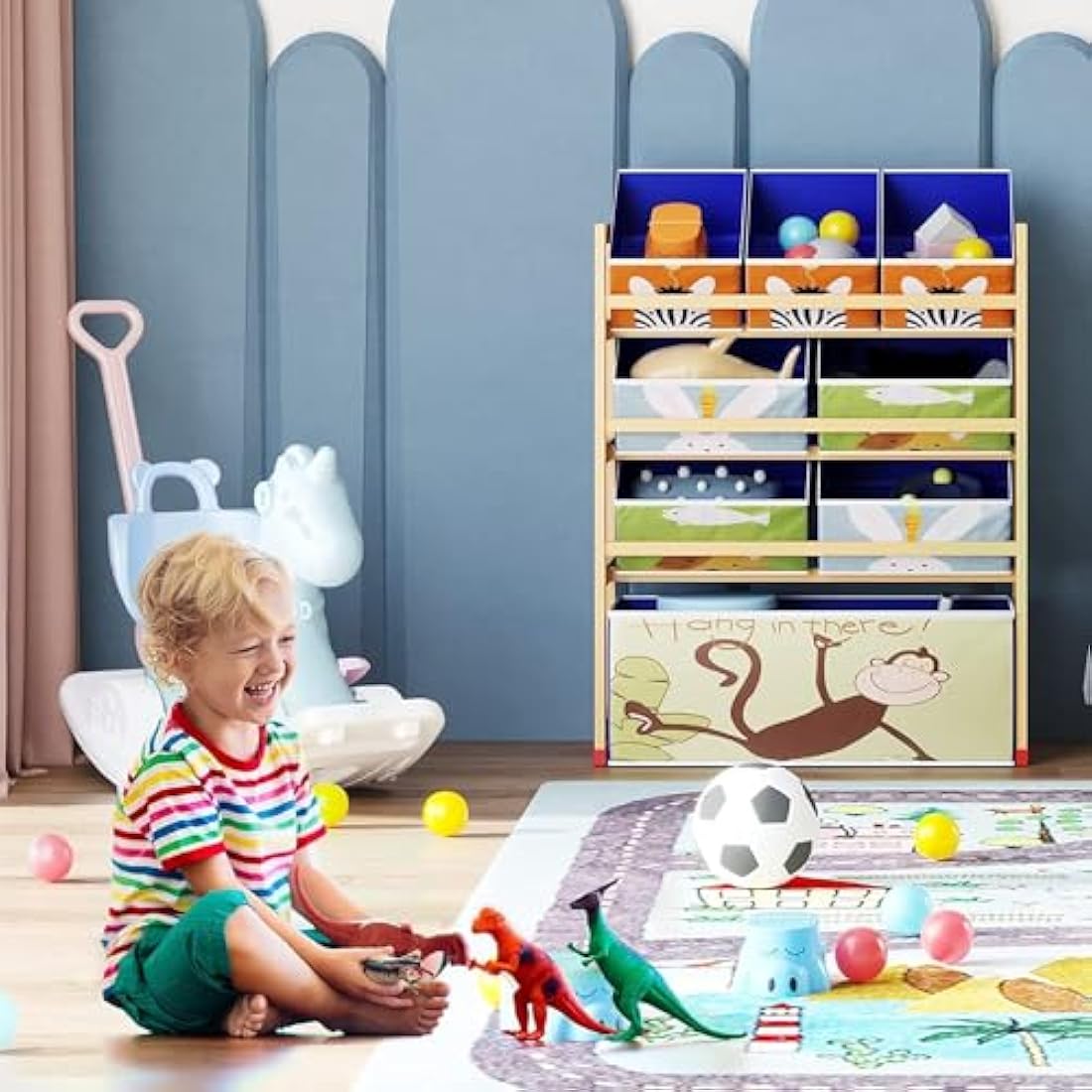 Dripex Kids Toy Storage Units, 4 Tier Children's Toy Organiser Shelf with 8 Removable Fabric Bins Boxes, Wooden Organiser Rack for Nursery Playroom 64 x 28 x 81cm