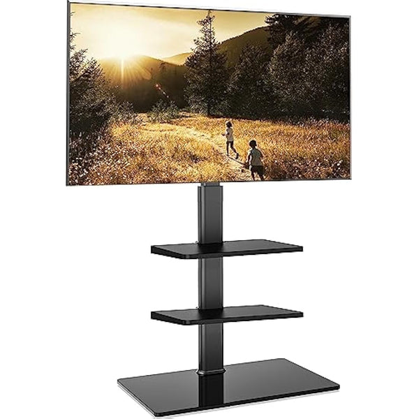 FITUEYES TV Floor Stand for 32-60 Inch, Tall TV Stand with Swivel Bracket, Floor Standing TV Stand with 2 Adjustable Shelves, Max VESA 600x400mm Holds 30kg