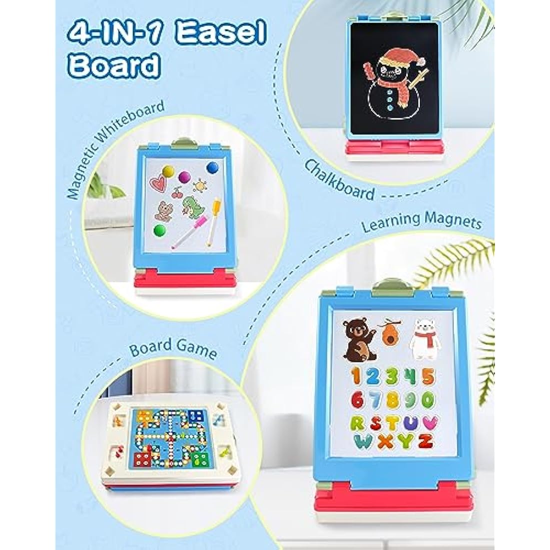 Elovien Easel Kids, 4 in 1 Double Sided Toddler Art Easel with Chalkboard & Magnetic Whiteboard, Foldable Kids Tabletop Easel with Drawing & Writing Accessories - Gift for Boys and Girls (Blue)