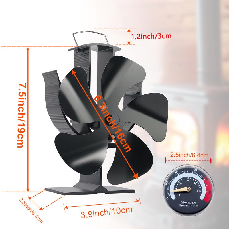 Tomersun 4 Blades Stove Fan Heat Powered Wood/Log Burner Fan Eco Friendly Heat Circulation for Wood/Log Burner/Fireplace