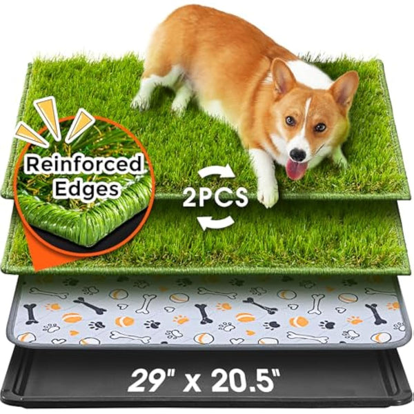 Hompet Dog Toilet, 74 x 52 cm, 2 Pcs of Artificial Grass Mats for Dogs, Reusable Washable Puppy Pads, Super Absorbent Waterproof Dog Pee Pads with Fake Grass and Tray, for Balcony, Outdoor, Indoor Use