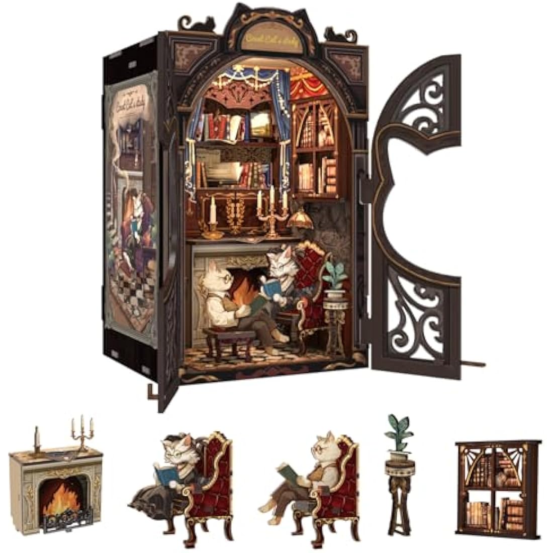 Fsolis Book Nook Kits for Adults, 3D Wooden Puzzles Book Nook, Diy Miniature House Kit Bookshelf Decor Tiny House Model Kits Gifts for Friend (Count Cat's Study)