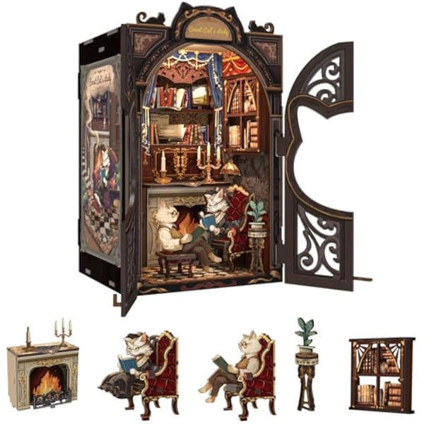 Fsolis Book Nook Kits for Adults, 3D Wooden Puzzles Book Nook, Diy Miniature House Kit Bookshelf Decor Tiny House Model Kits Gifts for Friend (Count Cat's Study)