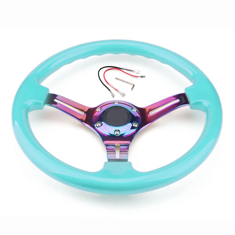 350mm Green Racing Steering Wheel Neo Chrome Spoke Universal 6 Bolts 45mm Deep Dish Classic ABS Wood Steering Wheel with Horn Button