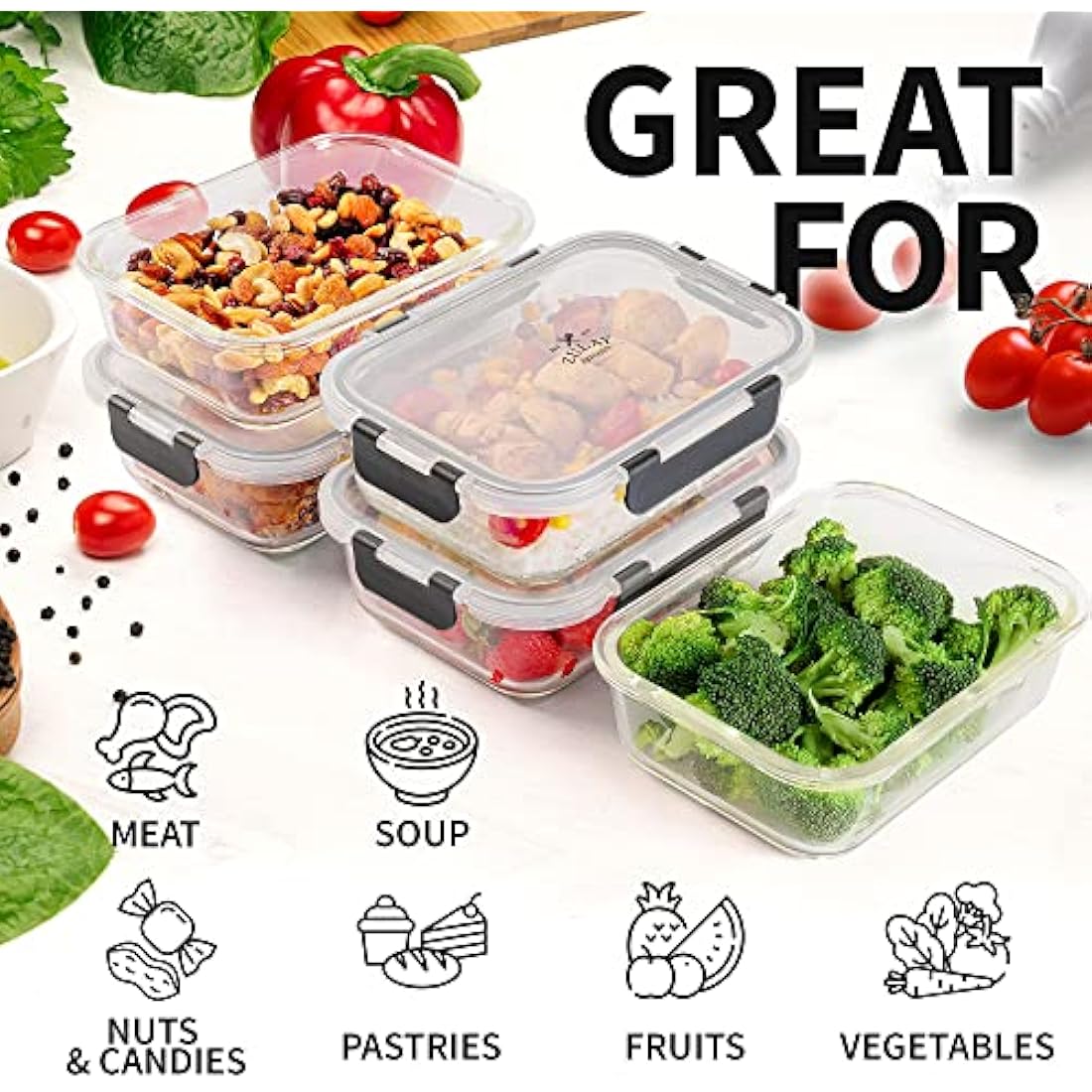 Zulay Kitchen 5 Pack Leak-Proof Glass Food Storage Containers - 36 oz Thick & Durable Glass Meal Prep Containers - Airtight Easy to Clean Glass Storage Containers With Lids