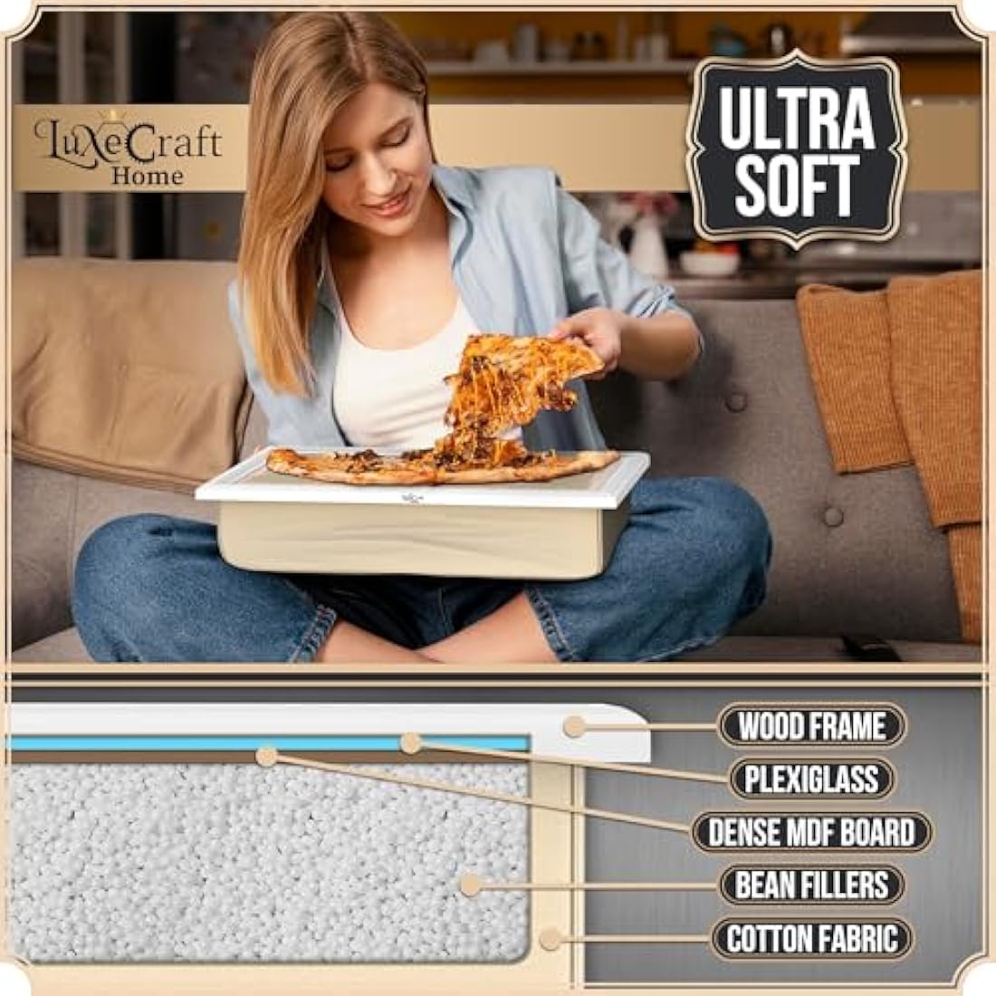 Empire Lap Tray with Bean Bag Cushion – Wooden Soft Padded Lap Tray with Cushion for Eating, Drinking & Laptop – Ideal for Breakfast, Dinner, Snacks & Work – Comfortable, Portable with Sturdy Design