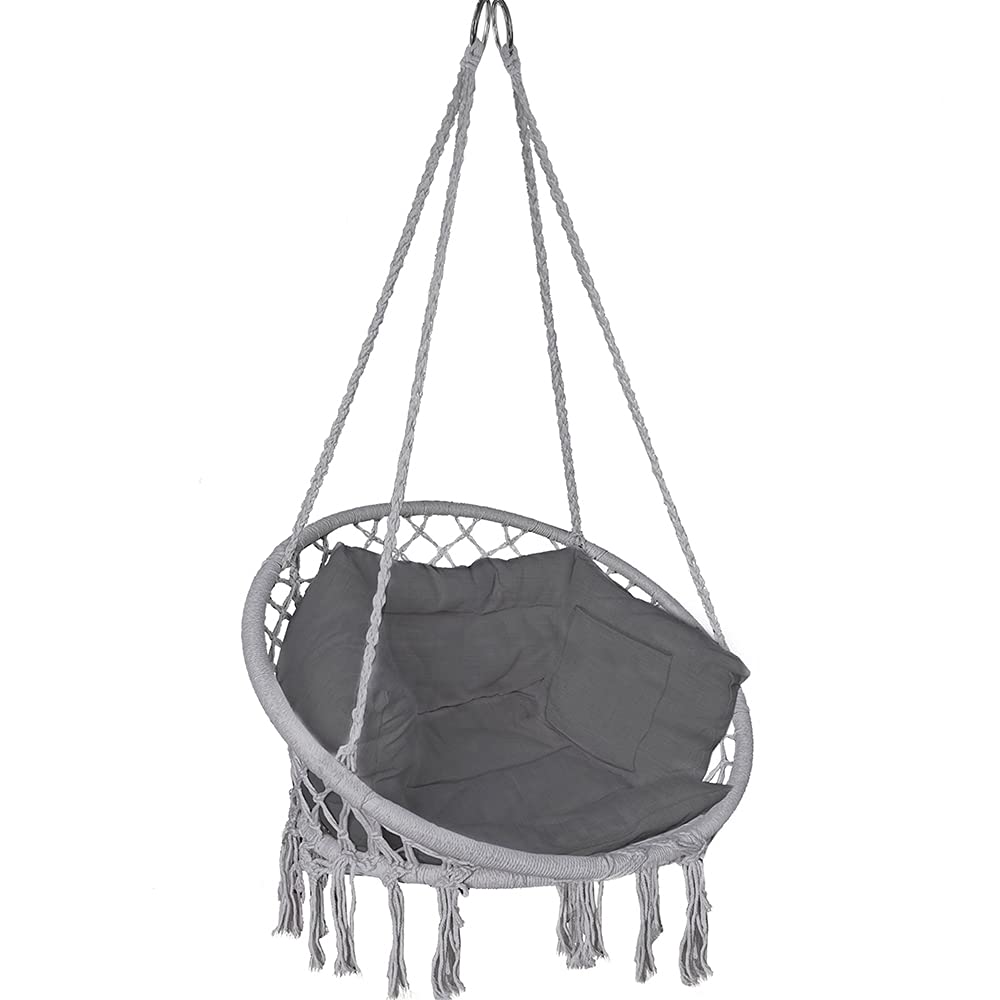 VOUNOT? Hanging Chair with Cushion, Macrame Hammock Swing Chair for Bedroom, Balcony, Patio, Garden, Indoor or Outdoor, 265LBS Capacity, Grey