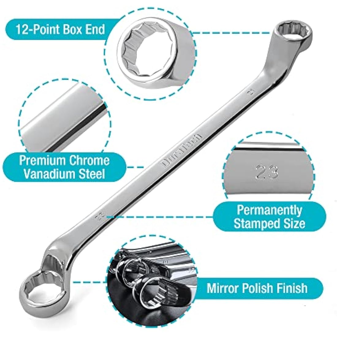 DURATECH Offset Double Ring Spanner Set, 9-Piece Metric Box End Wrench Set with Roll Pouch - 75-Degree Offset, 6-23mm, 12-Point, Chrome Vanadium Steel