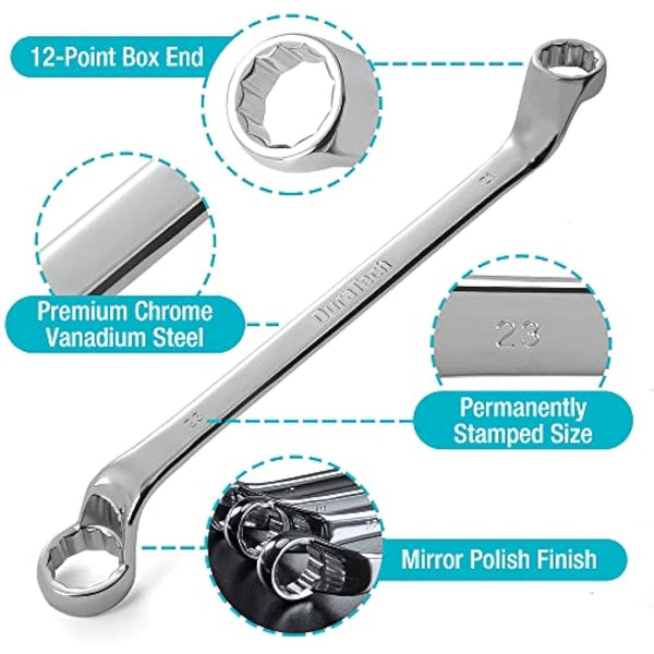 DURATECH Offset Double Ring Spanner Set, 9-Piece Metric Box End Wrench Set with Roll Pouch - 75-Degree Offset, 6-23mm, 12-Point, Chrome Vanadium Steel