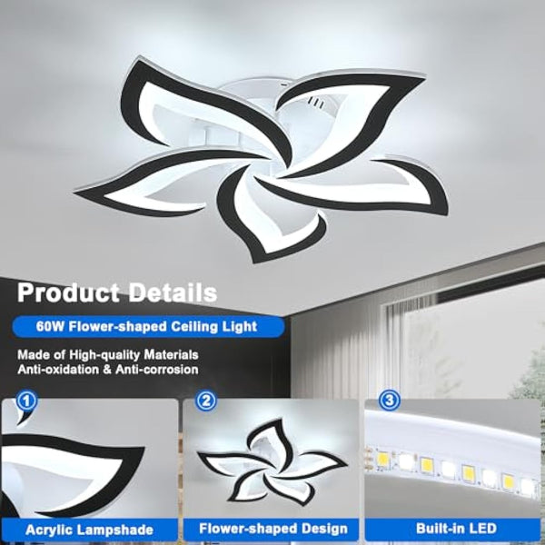 Dorlink LED Ceiling Light, 60W 5400LM Modern Design Ceiling Lighting, 5 Lights Living Room Ceiling Light Acrylic Black Flower Fittings Ceilings for Bedroom, Kitchen, Dining Room 6500K Cool White