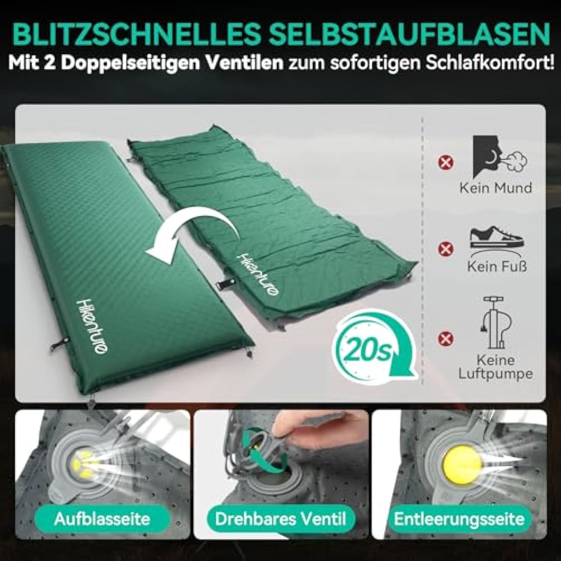 HIKENTURE Self-Inflating Sleeping Mat, 10 cm Thick Foam Camping Mattress, Ultra Thick Self-Inflating Air Mattress, Comfortable Sleeping Mat for Outdoor, Tent, Hiking, Travel (Dark Green C4)
