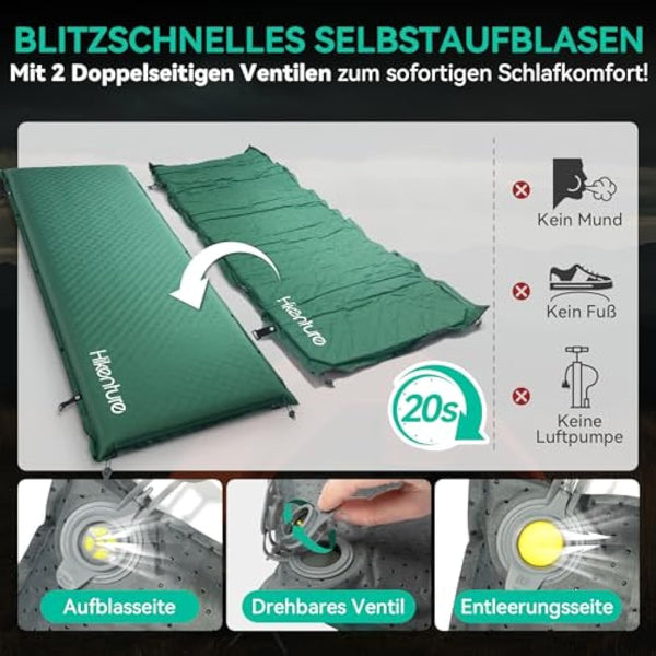 HIKENTURE Self-Inflating Sleeping Mat, 10 cm Thick Foam Camping Mattress, Ultra Thick Self-Inflating Air Mattress, Comfortable Sleeping Mat for Outdoor, Tent, Hiking, Travel (Dark Green C4)