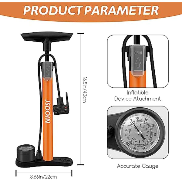 Jsdoin Bike Pump, High Performance Bicycle Floor Pump with Dual Presta and Schrader Valves, Bike Pumps with Pressure Gauge for Road Foot Bike, MTB, and Sports Balls