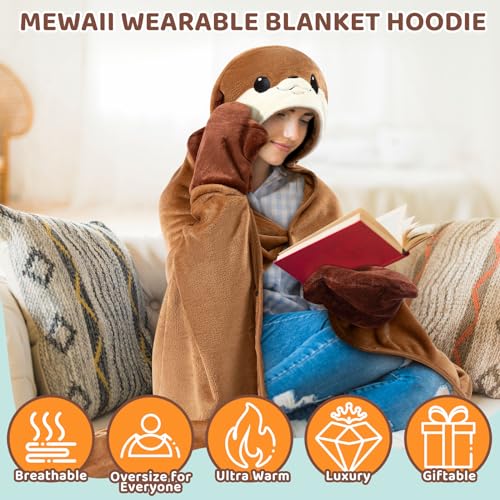 Mewaii Oversized Wearable Blanket Hoodie  Kawaii Otter Hooded Cloak, Soft Plush Flannel Blanket Hoodie, Unisex Cozy Blanket for Kids, Women,