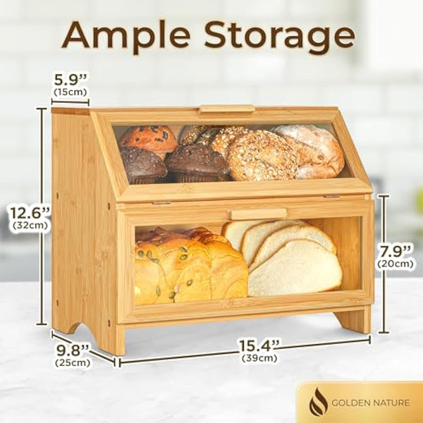 Golden Nature Double Layer Bamboo Bread Box for Kitchen Countertop - Large Wooden Storage Box w/Clear Display Windows - Food Keeper for Muffins, Bagels & Cookies