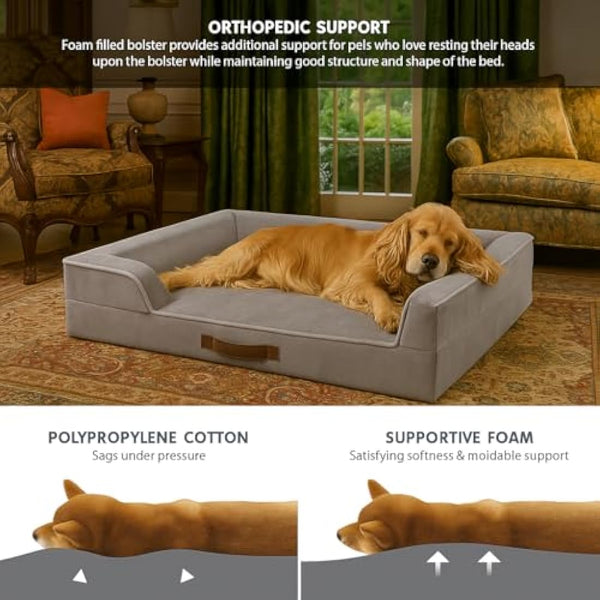 Codi Large Memory Foam Layer Dog Bed, Washable Orthopedic Dogs Beds Couch with Removable Zipper Cover, Waterproof Pet Sofa with U-Shape Bolster, Grey, 91x68x(7.5+8.9) cm