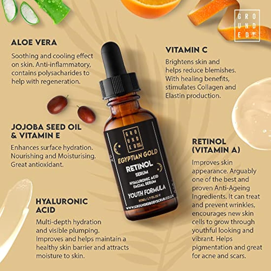 Egyptian Gold Anti Ageing (1%) Retinol Face Serum with Hyaluronic Acid, Vitamin C, Aloe Vera, Vitamin E & Jojoba Seed Oil. High Strength Skin Rejuvenating Formula Suitable for Men & Women - 50ml, UK