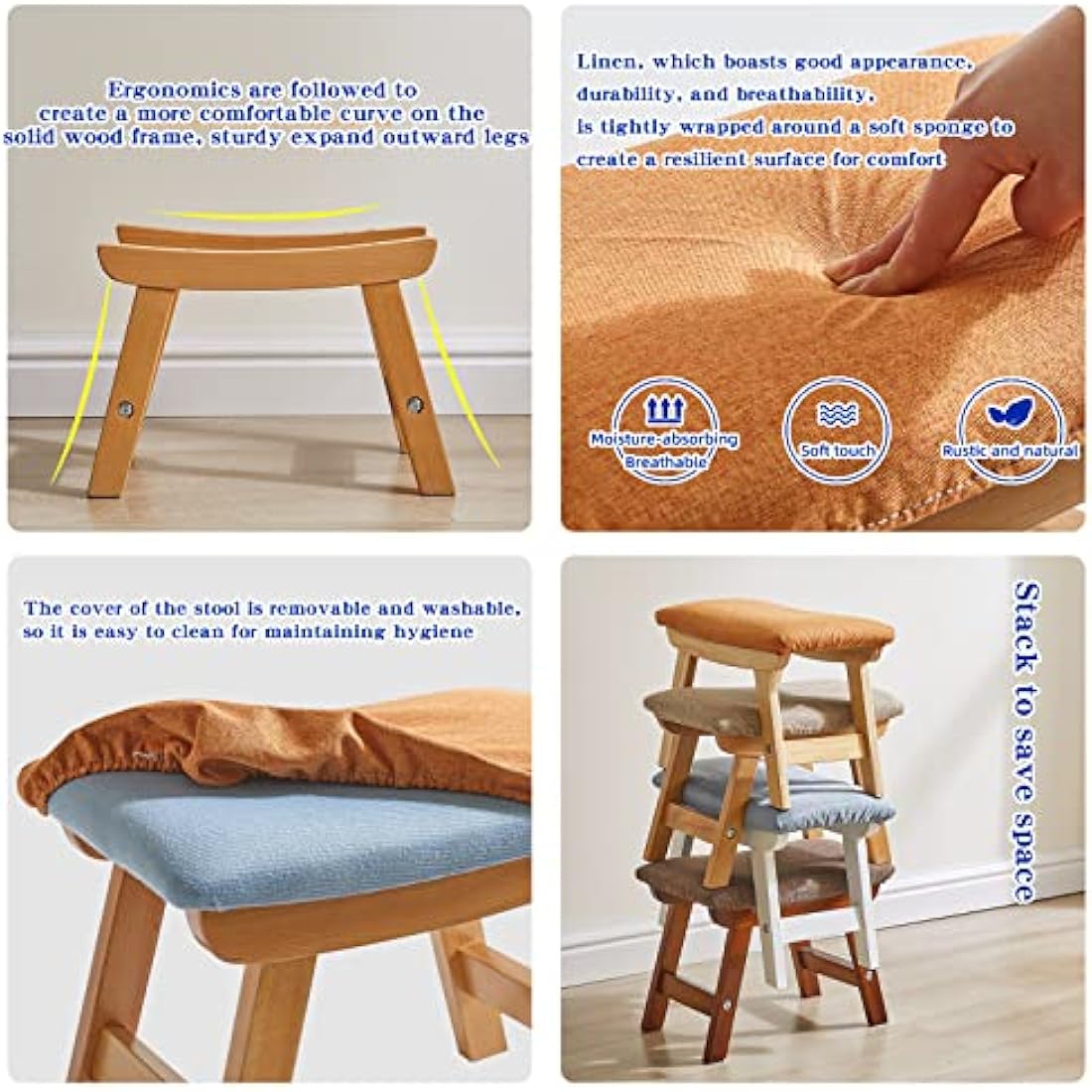 Aibiju Wooden Footstool, Foot Stool Ottoman Pouffe Padded Chair Stool with Removable Cover 4 Beech Legs Suitable for Bedroom, Living Room and Kitchen,(Natural leg + Orange cushion),YDEU-1356
