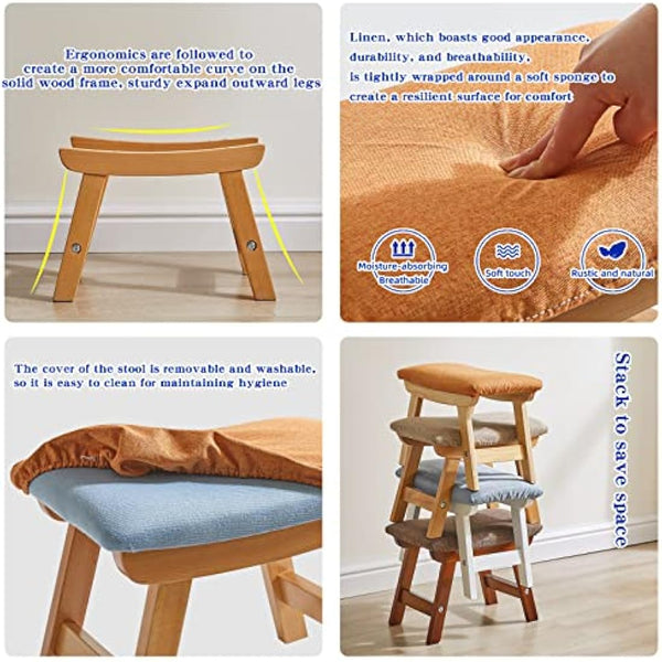 Aibiju Wooden Footstool, Foot Stool Ottoman Pouffe Padded Chair Stool with Removable Cover 4 Beech Legs Suitable for Bedroom, Living Room and Kitchen,(Natural leg + Orange cushion),YDEU-1356
