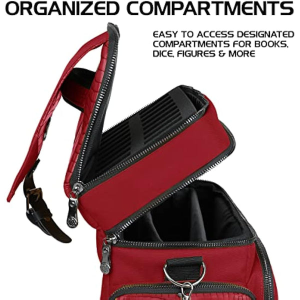 ENHANCE Collector's Edition RPG Adventurer's DND Bag - Dragon Hide Exterior Travel RPG Bag with Tabletop Miniatures Storage Vault, Mat Holder, DND Dice & Token Pockets, Fits 4-8 Books (Dragon Red)
