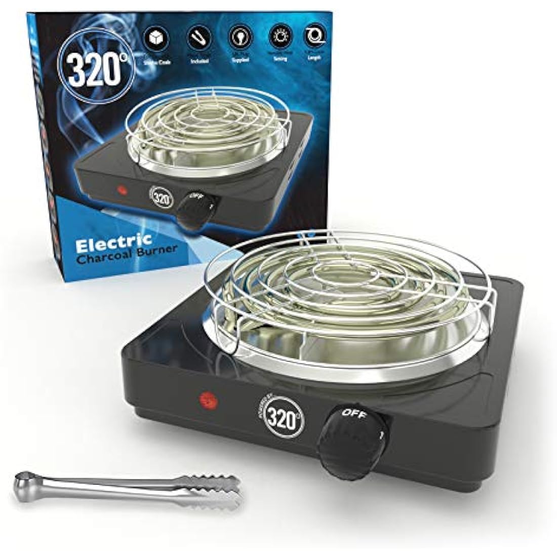 320º Electric Charcoal Burner for Coconut Coal Coil Stove - FULL WARRANTY - Includes Grid & Tongs - 1.4m extra long braided cable