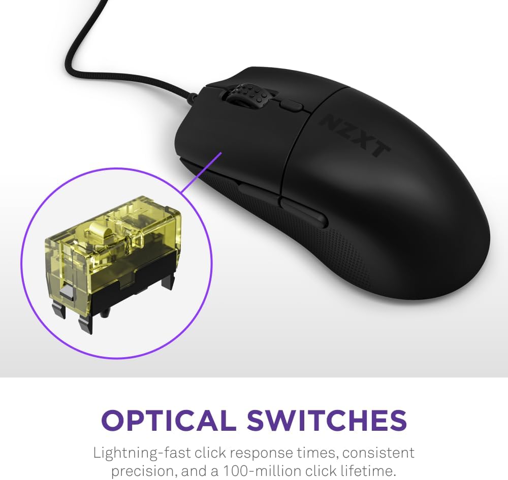 NZXT Lift 2 Ergo | Lightweight Ergonomic Wired Gaming Mouse | Lightweight 61 g Design | 8K Polling Rate | Optical Switches | 26K DPI Optical Sensor | 100% PTFE Feet | Black