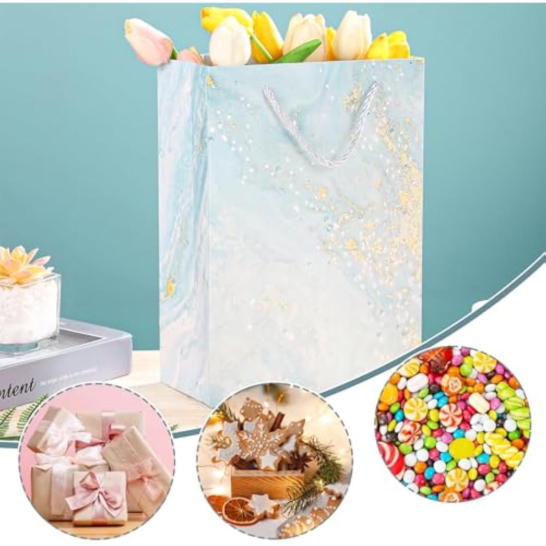 10 Pieces Gift Bag Medium Size Present Bag with Handle 10 Tissue Paper Gift Bags for Birthday Party 20X 10 X 28 cm Marbling Design