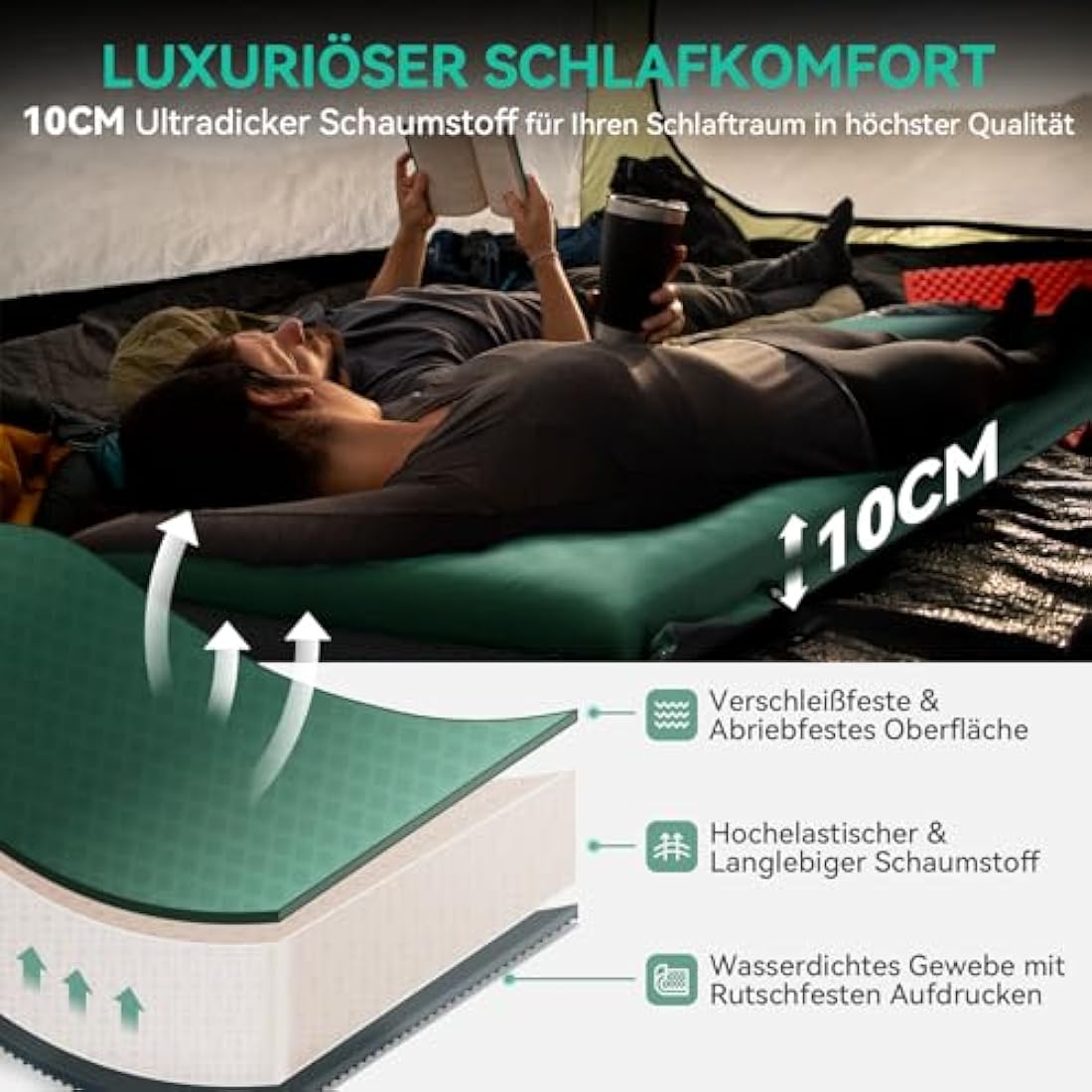 HIKENTURE Self-Inflating Sleeping Mat, 10 cm Thick Foam Camping Mattress, Ultra Thick Self-Inflating Air Mattress, Comfortable Sleeping Mat for Outdoor, Tent, Hiking, Travel (Dark Green C4)